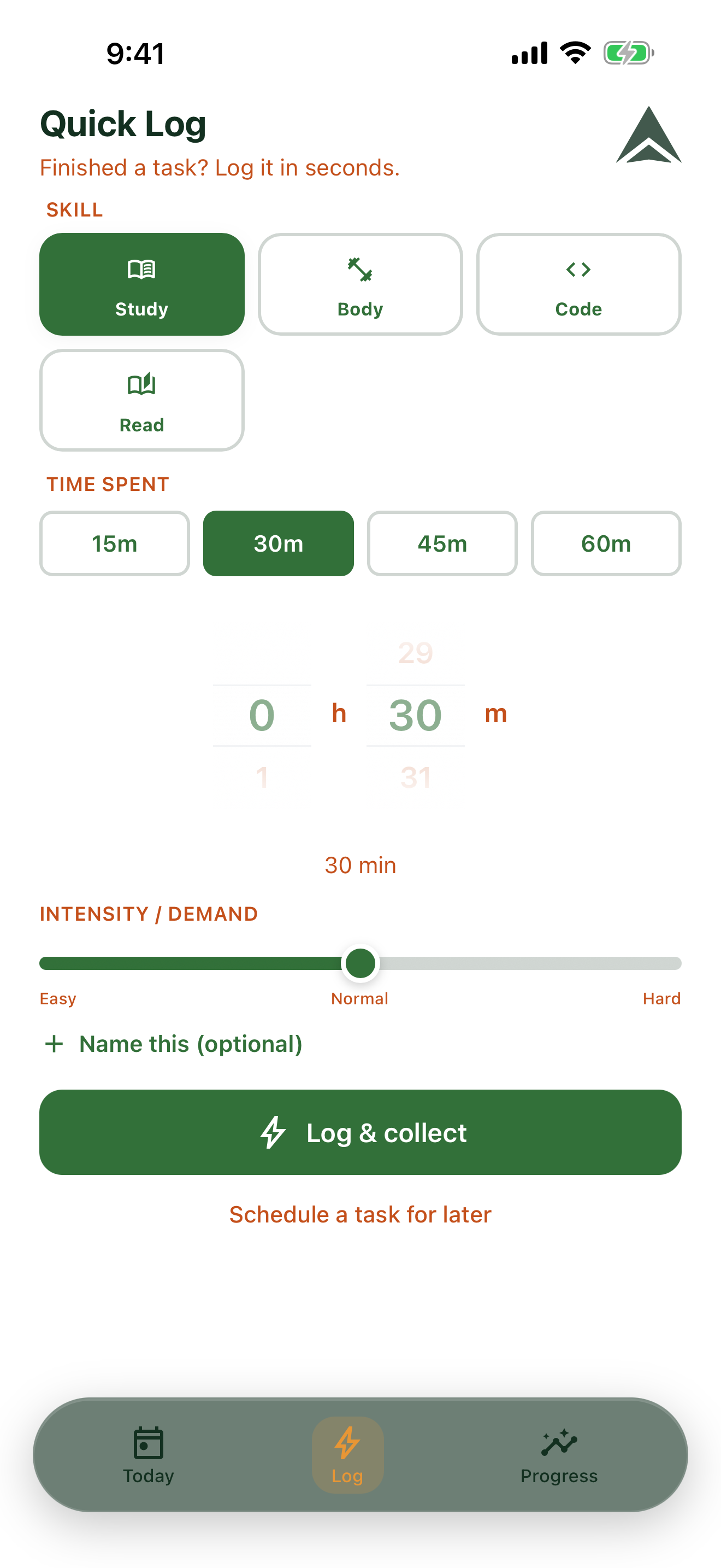 Addictivity Quick Log tab